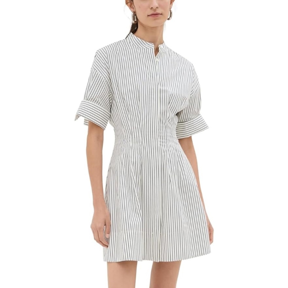 STAUD White and Black Pinstripe Short Sleeve Shirt Dress